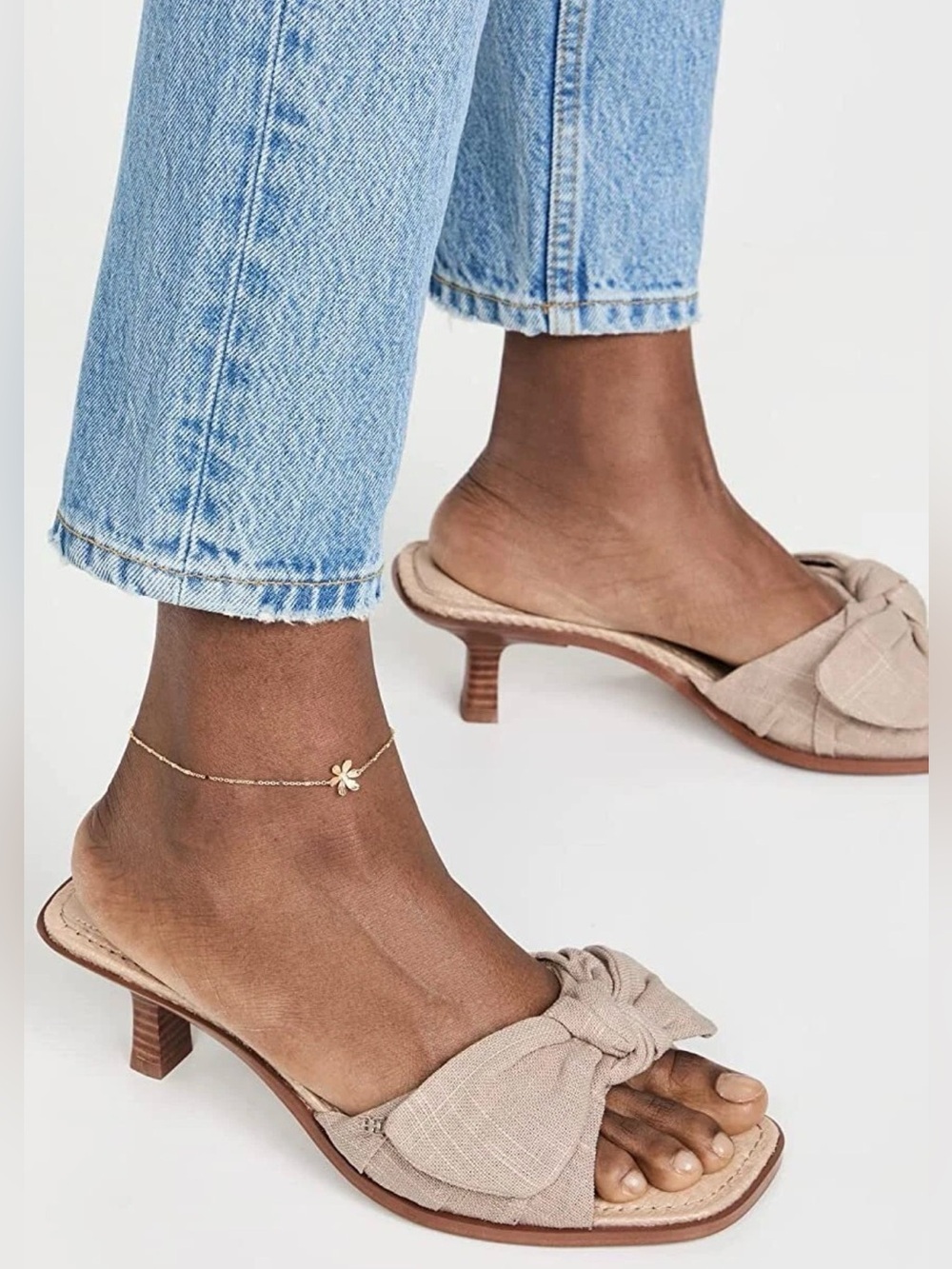 Sam Edelman Darcie Natural Linen Bow Kitten Heel Mule Sandals Size 8.5M